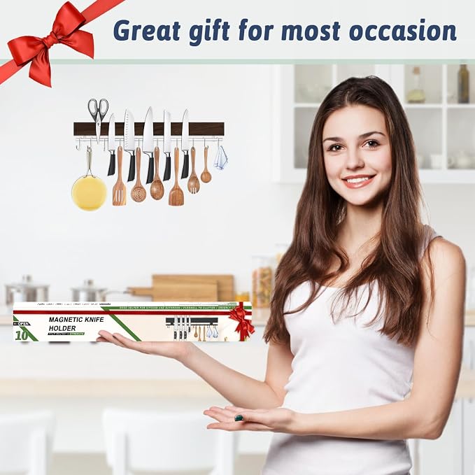 17 Inch Magnetic Knife Holder for Wall - Stainless Steel Magnet Knife Strip No Drill with 10 Hooks/Adhesive Tape/Screws, Wall Mounted Kitchen Utensil Holder, Walnut-Finish Magnetic Knife Organizer - Image 8