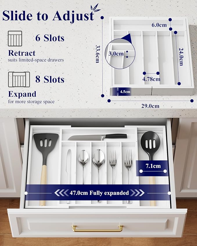 Kitsure Silverware Organizer, Bamboo Kitchen Drawer Tray, White, Large | Expandable Drawer Kitchen Organizer, Cooking Utensils & Cutlery, Sturdy & Thickened Design, Storage Solution - Image 2