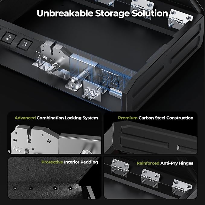 ONNAIS Large Biometric Gun Safe for Handgun with Fingerprint Keypad Lock | Emergency Power Supply Gun Case Internal Light Gun Lock Box for Home, Nightstand, Bedside, and Car Use - Image 4