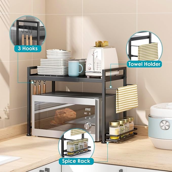 Expandable Microwave Stand Kitchen Countertop Organizer With Storage, Black | Adjustable Microwave Oven Rack Metal Storage Shelf for Pans Small Appliances Kitchen Utensils Tableware, 2-Tier - Image 4