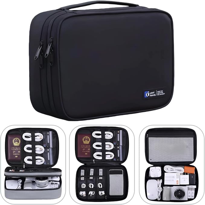 Electronics Organizer Travel Case,Cord Organizer Travel, Double-Layer Cable Organizer Bag, Tech Pouch Accessories Carry Storage For Phone, Cables, Airpods, USB, Sd Card,Essentials (Black) by Osmudax