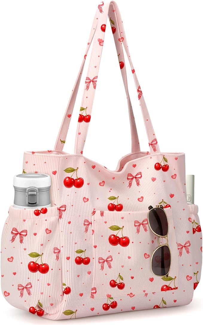 Corduroy Tote Bag for Women,Large Capacity Cute Tote Bags With 6 Pockets,Crossbody Shoulder Handbag for Work Travel Gym by Hatisan
