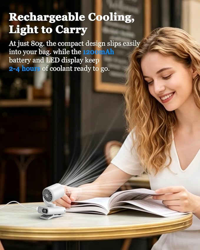 3 in 1 Clip On Portable Fan, Quiet Lash Extension Fan, Baby Stroller Fan, Rechargeable Handheld Pocket Fan with LED Display, 5 Speed 8000RPM Turbo Cooling Fan for Travel, Concert, Office, Makeup,Desk - Image 9
