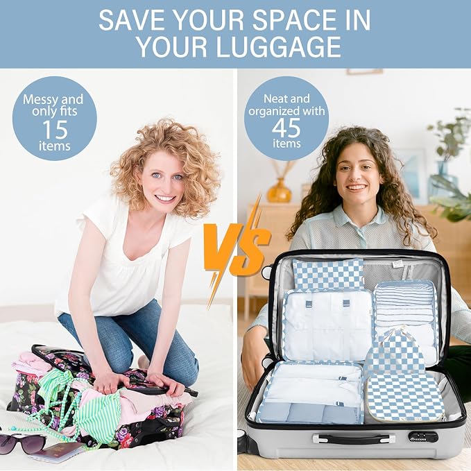 8 Set Packing Cubes for Travel, Luggage Packing Organizers Accessories Large Toiletries Bag for Clothes Shoes Cosmetics (Blue Checkered) - Image 5