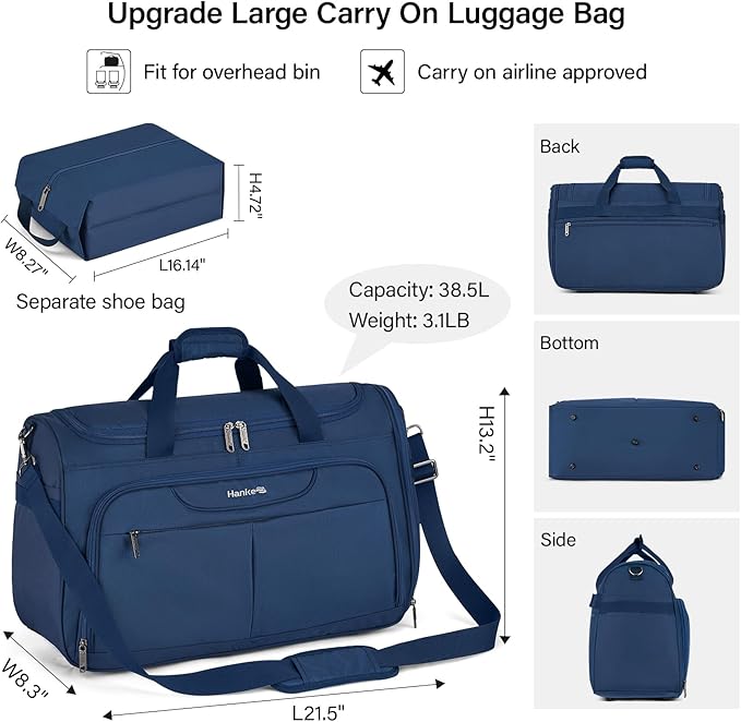 Hanke Carry On luggage Bags for Travel, Large Foldable Duffle Bag for Travel, Softside Lightweight Travel Bag Carry On Bags for Airplanes Women, Travel Tote Bags for Women Men.（Blue） - Image 2