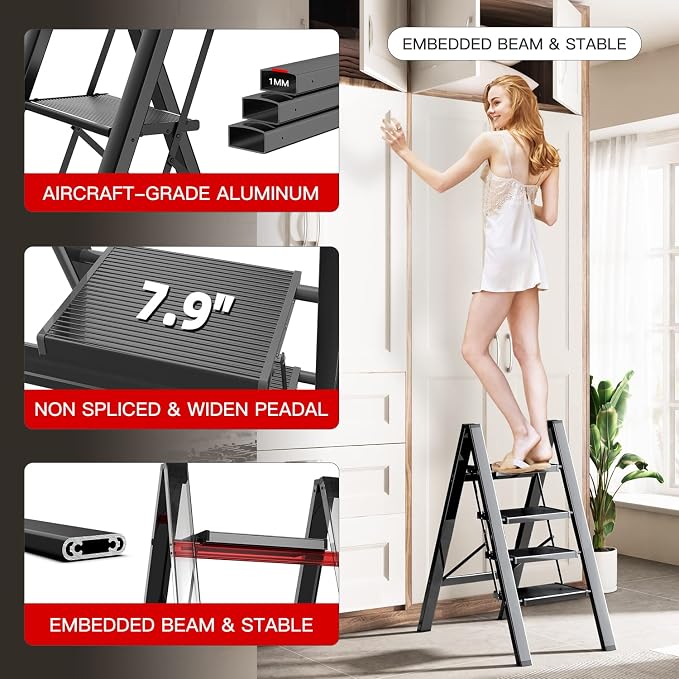 4 Step Ladder, Folding Step Stool with Anti-Slip Wide Pedal | Lightweight, Aluminum Material, 330LBS Load, Portable, Easy Storage, Space Saving, for Kitchen, Bedroom Use, Black - Image 2