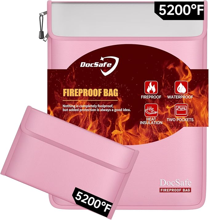 DocSafe Fireproof Document Bag (5200℉) with Fireproof Organizer Travel Case,Heat Insulated Fire＆Water Resistant 8 Layers Safe Money Bag Storage for Important Documents,Cash,Power Bank,Valuables,Pink by DocSafe