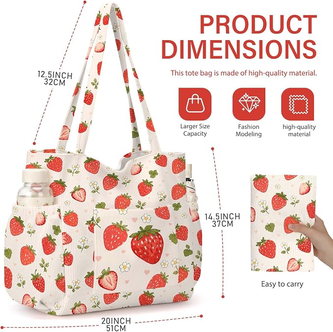Corduroy Tote Bag for Women,Large Capacity Cute Tote Bags With 6 Pockets,Crossbody Shoulder Handbag for Work Travel Gym - Image 5
