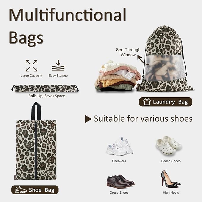 U+U 5 Set Packing Cubes, Travel Organizers with Shoe Bag (Leopard) | Ultralight Design & Easy Travel Organization - Image 4