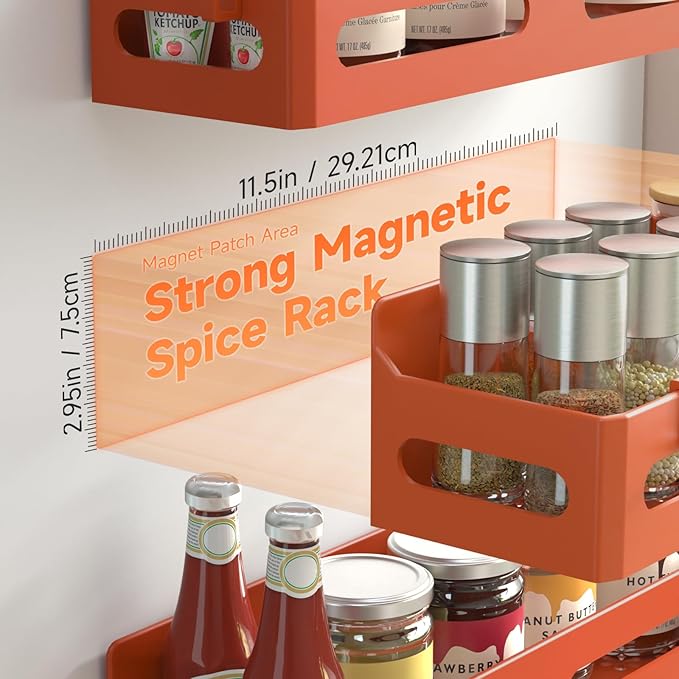 4-Pack Magnetic Spice Rack for Refrigerator with Hooks, Orange | Strong multipurpose magnetic shelf for kitchen & bathroom organization. Includes 4 removable hooks for hanging items. - Image 2