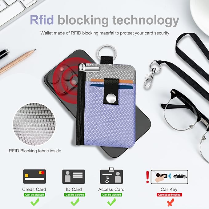Minimalist RFID Blocking Small Wallet with ID Window,WaterResistant Zip Id Case Wallet with Lanyard Keychain for Cards,Cash,Travel,Women,Men (Lavender Purple/Light gray) - Image 4