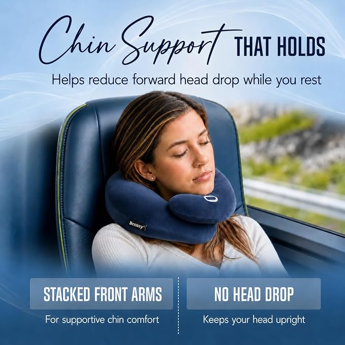 BCOZZY Flat Back Travel Neck Pillow – Patented Neck Pain Relief & Support for Head, Neck, and Chin. Ideal for Airplanes, Long Flights, Car Rides. Adjustable, Washable, with Carry Bag. Large, Navy - Image 3