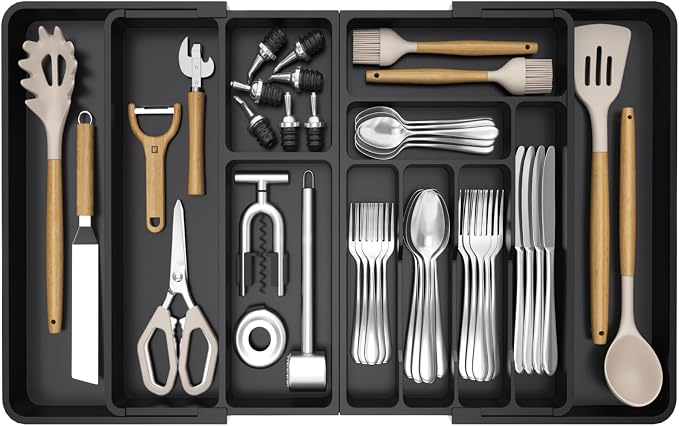 Lifewit Utensil Organizer for Kitchen Drawer, Expandable Cooking Tray | Adjustable Cutlery Flatware Holder, Plastic Silverware Spatula Tools Storage Divider, 21.3- 36 x 16.9", Black by Lifewit