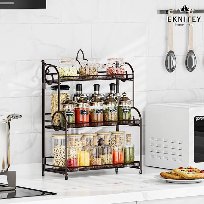 EKNITEY Bathroom Organizer Shelf Countertop - 3 Tier Spice Rack No Assembly | Kitchen Counter Organizer, for Skincare Makeup Vanity, Sturdy Metal Frame, Easy to Clean, Space-saving, Foldable, Brown - Image 3
