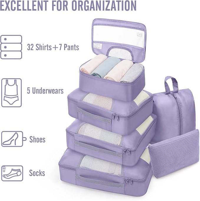 Veken 8 Set Packing Cubes for Travel Essentials,Anti-Wrinkle Buckled Suitcase Organizer for Shoe & Toiletry Bag,Carry On Luggage Bag with 99+ Count Mesh Holes for Airplane & College Dorm Accessories - Image 5