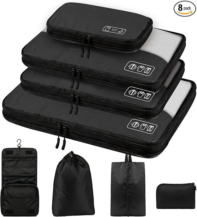Compression Packing Cubes for Travel, 8-Piece Luggage Organizers Space-Save | Ultralight Sleek Luggage Organizer Set for Business Trips & Frequent Travelers, Space Saving for Carry-On & Suitcase - Black by Idcymoul
