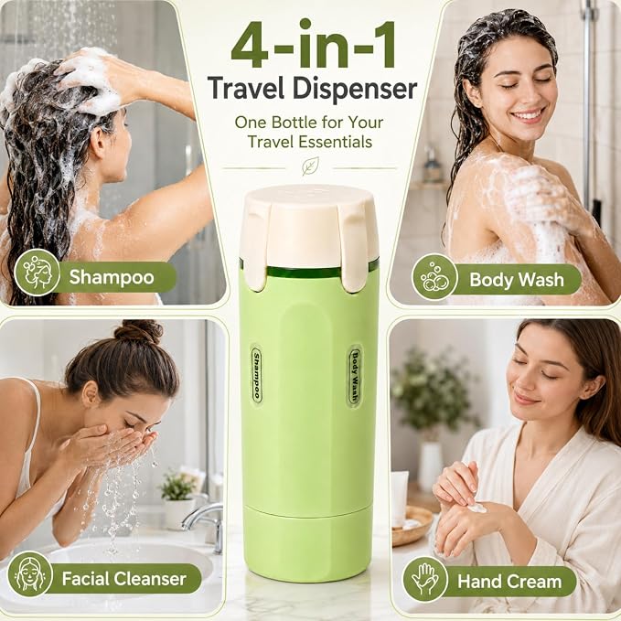 4 in 1 Travel Dispenser, Leak-Proof Travel Bottles with Storage Bag, 4 Refillable 30ml (1oz) Travel Containers for Toiletries, Portable Green Set for Shampoo, Body Wash, Lotion - Image 5