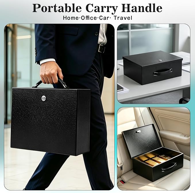 xydled Fireproof Document Box with Key Lock, Fire Safe Box, Black | Fire and water resistant lock box for documents, passports, cash and valuables, keeping secure at home, 13.2 x 11 x 5.1 Inch - Image 4