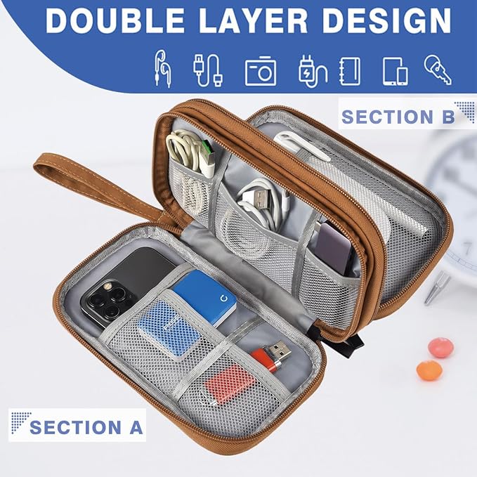 CAAORDKSO Travel Cable Organizer Pouch Electronic Accessories Carry Case Water Resistant Accessories Organizer Pouch Bag for Cable, Cord, Charger, USB, Phone, Power Bank, Earphone (Brown, Medium) - Image 3