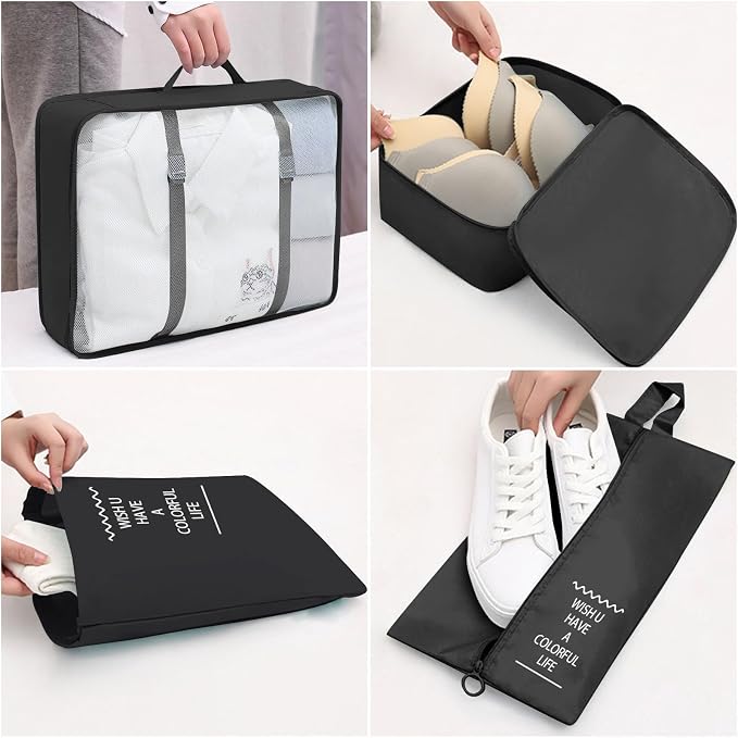 8 Set Packing Cubes for Suitcases, INVODA Travel Luggage Packing Organizers with Laundry Bag, Compression Storage Shoe Bag, Clothing Underwear Bag (Black) - Image 6