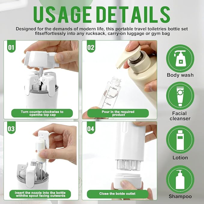 4 in 1 Travel Dispenser,4 Pack 30ML Travel Bottles for Toiletries,Refillable, Leak Proof and Portable,Suitable for Storing Shampoo, Shower Gel, Laundry Detergent, Suitable for Travel, Camping (White) - Image 5