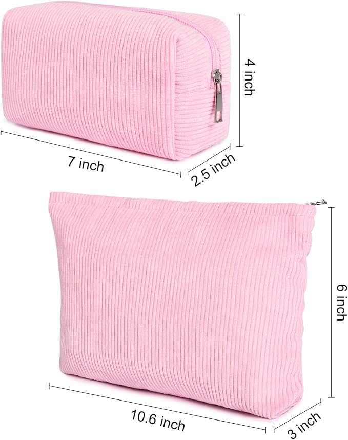 SOIDRAM 2 Pieces Makeup Bag Large Corduroy Cosmetic Bag Capacity Canvas Mix Travel Toiletry Bag Organizer Cute Makeup Brushes Aesthetic Accessories Storage Bag for Women,Corduroy Mix Hot Pink - Image 3