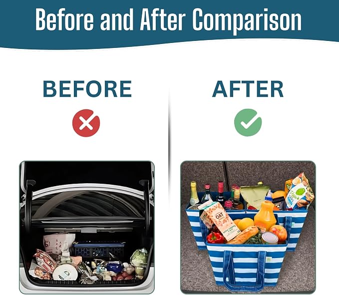 VENO 3 Pack Reusable Grocery Shopping Bags Utility Tote w/Sturdy Handles | Heavy Duty Storage Box with Hard Bottom, Foldable Picnic Basket for Groceries Shopping Cart(Classic Navy Stripe, 6 Gallon) - Image 9