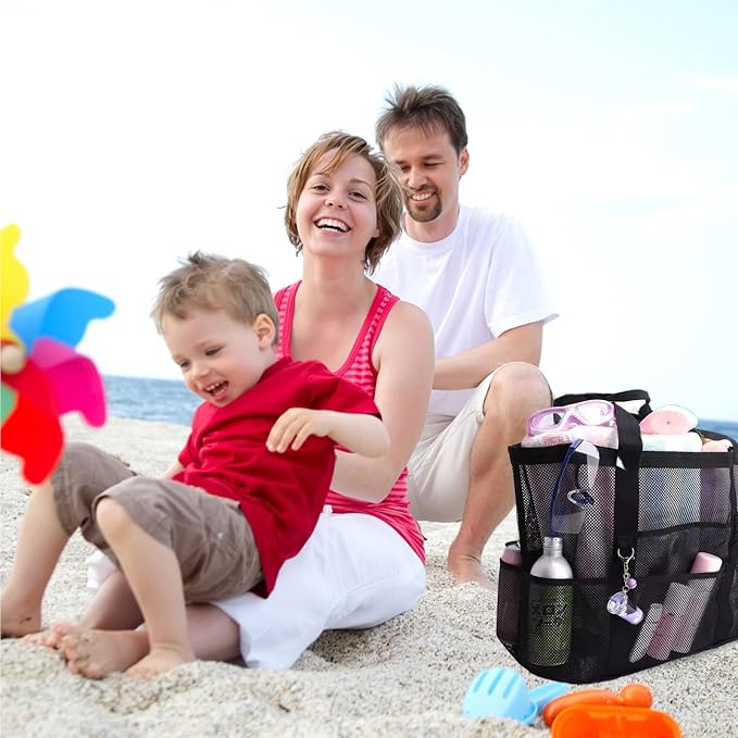 Large Mesh Beach Bag - Lightweight & Foldable Family Beach Bag with 9 Pockets for Toys, Towels & Vacation Essentials - Image 2