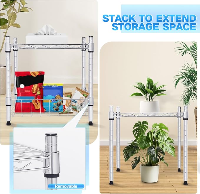 Whitmor 2 Tier Metal Storage Shelves, Heavy Duty Shelf with Basket, 350 lbs Capacity per Shelf, 700 lbs Total, Home Organizer for Kitchen, Garage, Bathroom, 15" L x 14" W x 15" H, Chrome - Image 3