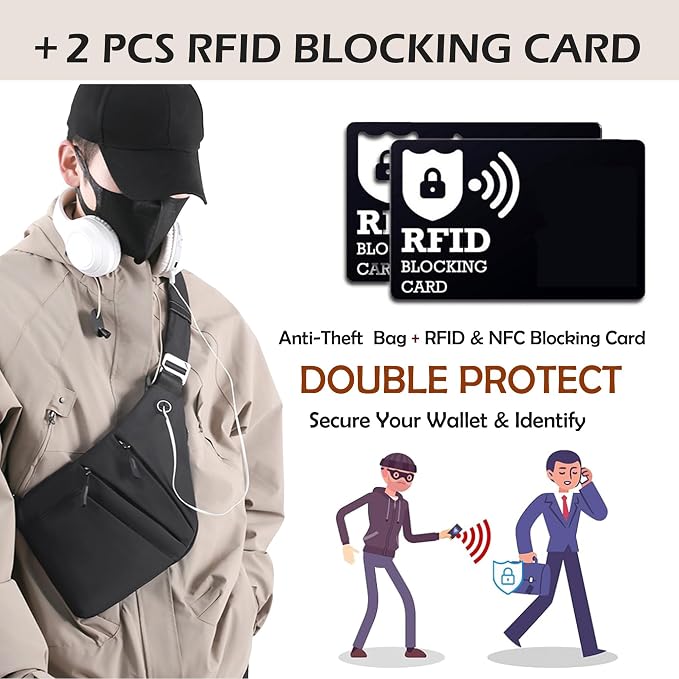 Anti Theft Crossbody Bags for Women Men, Multi-Pocket Shoulder Bag, Slim Sling Bags with 2 RFID Blocking Card - Image 4