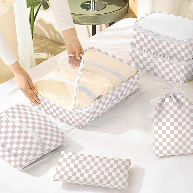 KPX 8 Set Packing Cubes for Travel, Luggage Packing Organizers Accessories Large Toiletries Bag for Clothes Shoes Cosmetics (8Set-Nude Pink Plaid) - Image 6