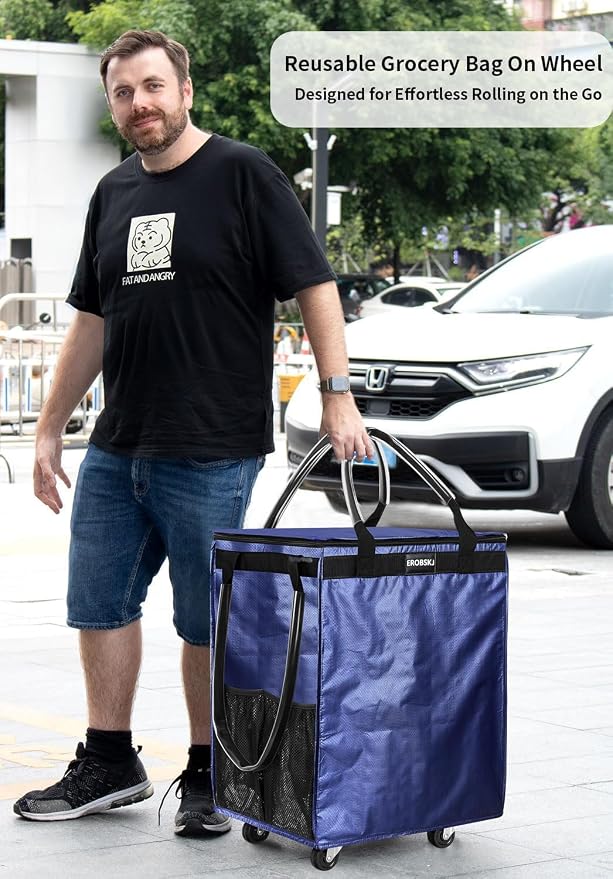 (Medium, Navy) Reusable Grocery Bag on Wheels, 70L Foldable Rolling Tote, Extra Storage for Shopping, Zipper Clouser Shopping Carts for Groceries, Laundry, Organization, Moving,4 Heavy Duty Wheels | Bag on Wheels - Image 3