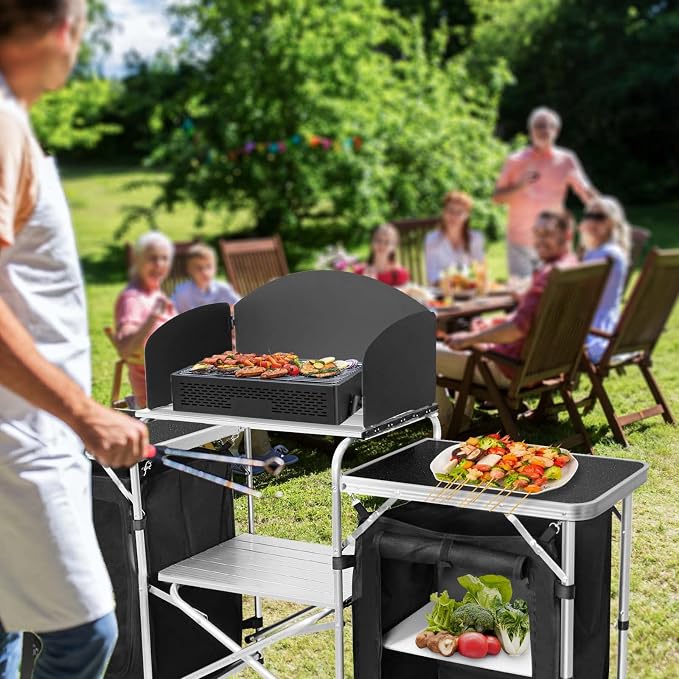 CampLand Folding Camping Kitchen Table with Windscreen,Portable Outdoor Cooking Station with Storage Cabinet & Side Tables Heavy Duty Camp Cook Station for Camping & BBQ (Black2cabinet) - Image 2