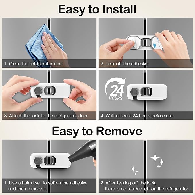 Fridge Locks for Kids with Strong Adhesive, 2 Pack Pet&Child Proof Refrigerator Lock for Kids to Keep Door Closed, Freezer Lock for RV Refrigerator, Garage Fridge, Upright Freezer, Mini Fridge, White - Image 8