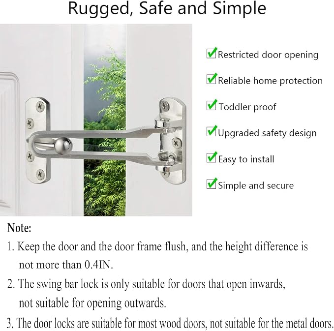 Topbuti Home Security Door Lock, 2 Pack Latch Guard Clasp Front Door Locks for Kids, Home Reinforcement Lock for Swing-in Doors, Hotel Door Latches, Thicken Solid Aluminium Alloy, Satin Nickel - Image 4