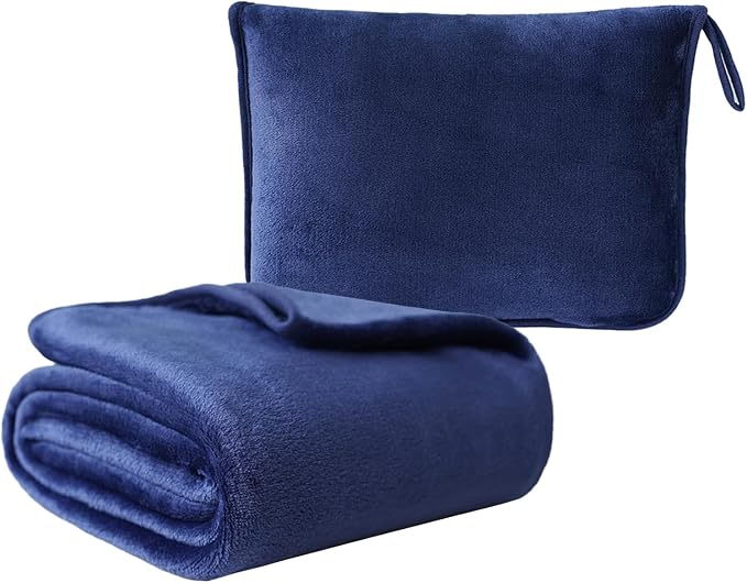 Travel Blanket Pillow, Soft Airplane Blanket 2-in-1, Travel Blanket Airplane Compact with Bag, Travel Essentials Accessories for Plane and Car,60x40 Navy by Seabeauty