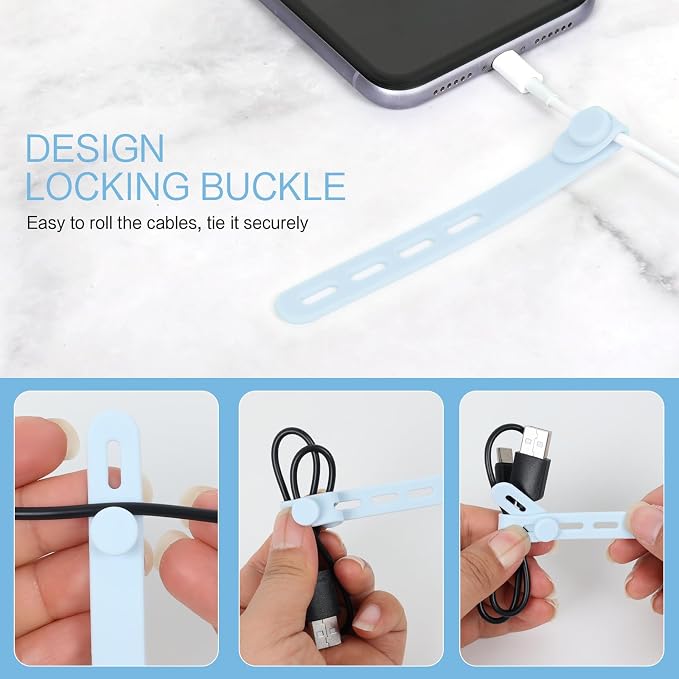 Donruby 24Pcs Silicone Cable Ties - Reusable & Washable with Locking Buckles, Adjustable Fastening Cable Management Straps, Multi-Purpose High Elasticity Cord Organizer (Ice Blue) - Image 5