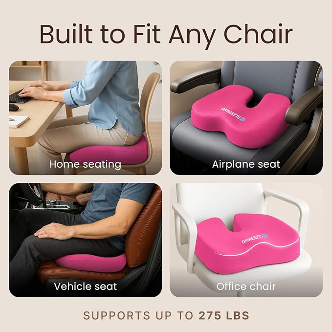 Office Chair Cushion - Seat Cushion for Tailbone Pain Relief - Butt Pillow for Coccyx, Sciatica, and Lower Back Pain - Orthopedic Chair Pad for Lumbar Support in Office Desk (Pink) - Image 6