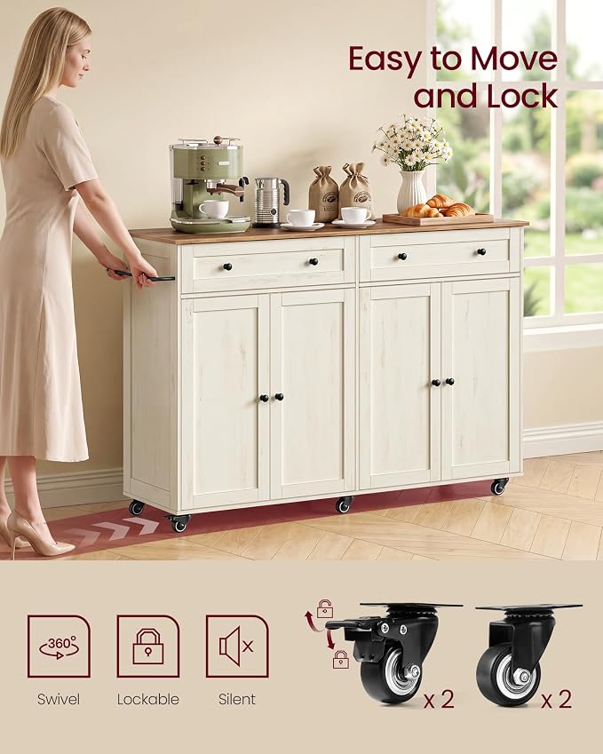 VASAGLE Mobile Kitchen Island with Storage Cabinet for Kitchen, Dining Room | Portable Mobile Cart on Wheels , 15.8 x 53.7 x 35.1 Inches, Rustic White and Honey Brown, SIREN Collection UKKI016WJ01S - Image 7