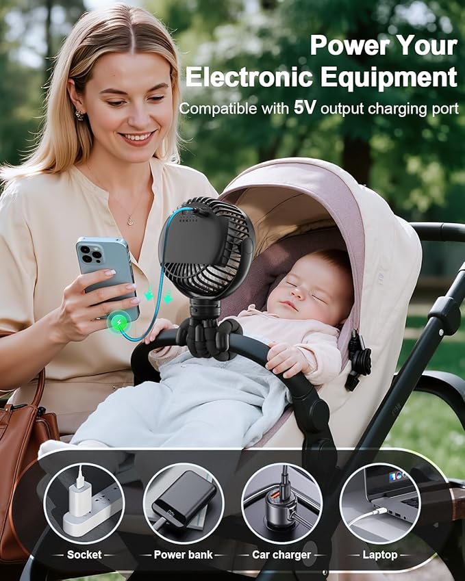 FRIZCOL Portable Stroller Fan, Use As Power Bank, 65H 12000mAh Battery Operated Fan Flexible Tripod Baby Car Seat Fans with Timming, Personal Mini Handheld/Desk/Small Clip On Fans For Stroller - Image 2