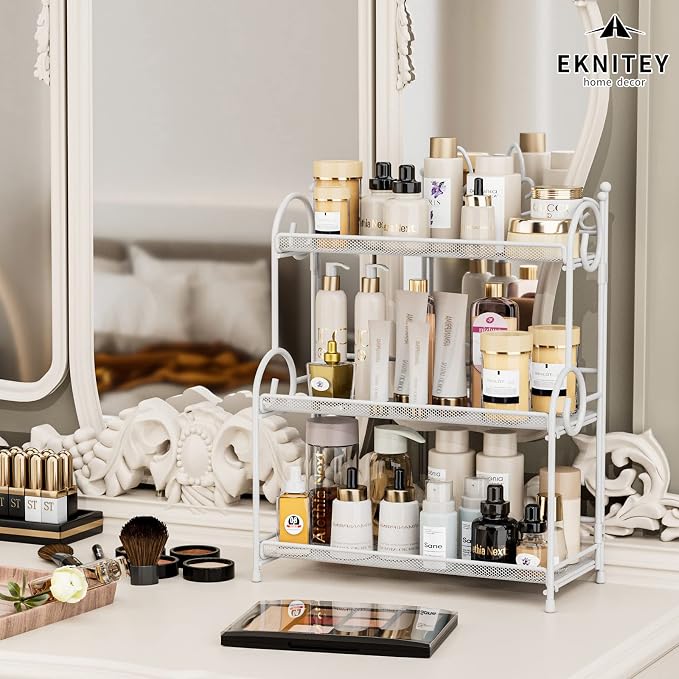 EKNITEY 3-Tier Bathroom Organizer - Sink Organizer Spice Rack(No Assembly) | for Bathroom Kitchen Bedroom Countertop Storage, Sturdy Metal Frame, Easy to Clean, Space-saving, Foldable, White - Image 2