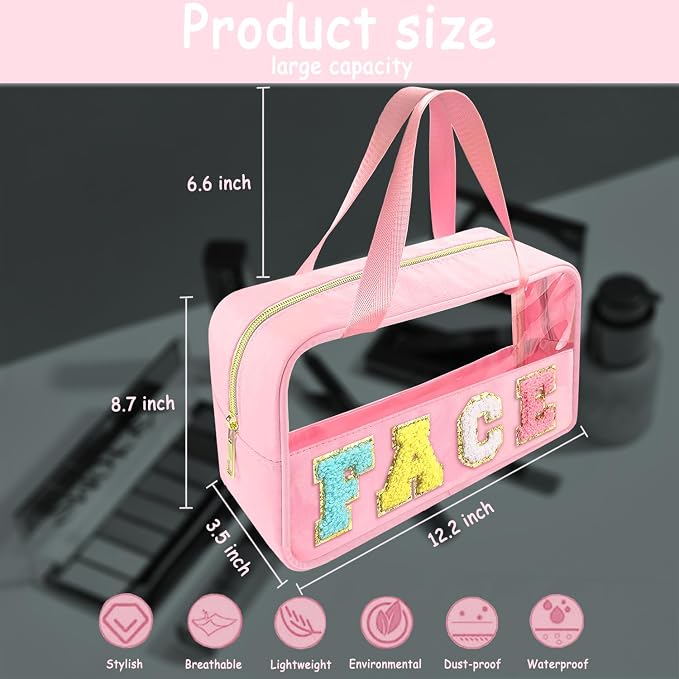 Bunliuys Chenille Letter Clear Makeup Bag Face Patch, Travel Toiletry Makeup Bag with Handle, Nylon Waterproof Makeup Bags clear cosmetic bag, preppy patch makeup bag for Women (FACE-Pink) - Image 2