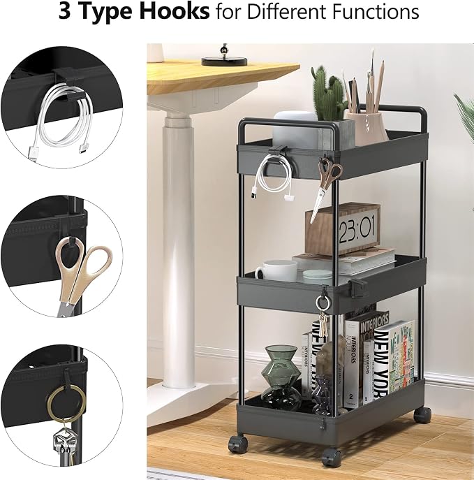 SOLEJAZZ 3 Tier Slim Rolling Storage Cart Organizer with Wheels, Black | Utility cart for bathroom, laundry, bedside, dorm&narrow spaces. Fits craft, nail, makeup, snack, art, diaper&baby essentials - Image 3