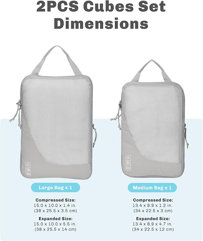 6 Set/ 4 Set/ 2 Set Compression Packing Cubes Travel Essentials Lightweight Nylon Luggage Suitcase Organizer Bag Light Grey 2PCS - Image 2