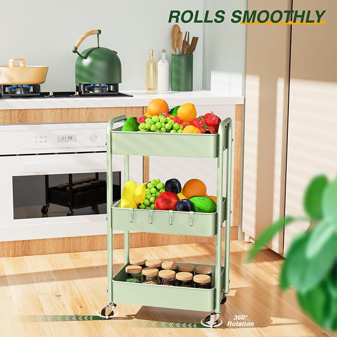 LEHOM 3 Tier Rolling Cart, Metal Rolling Utility Cart with Lockable Wheels | Multi-Functional Heavy Duty Storage Cart Organizer for Bathroom, Kitchen, Office, Living Room, Rolling Storage Trolley - Image 4