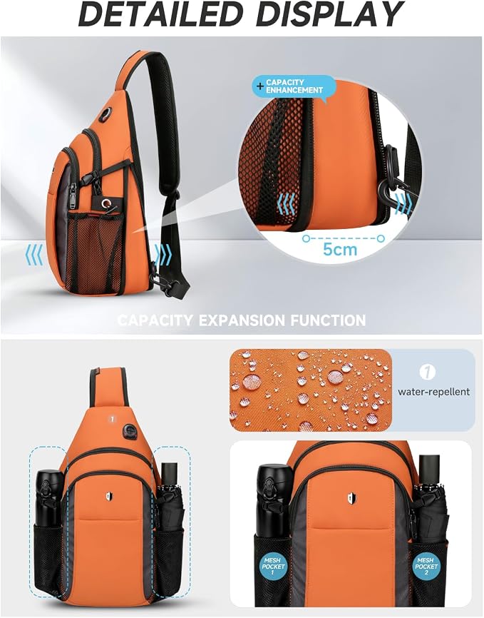 Expandable Sling Bag for Women, Anti-Theft Crossbody Bag with Side Pocket & Earphone Hole, Hiking Chest Pack for Travel, College & City Commute, Fits 11 inch iPad, Switch 2, Orange - Image 2