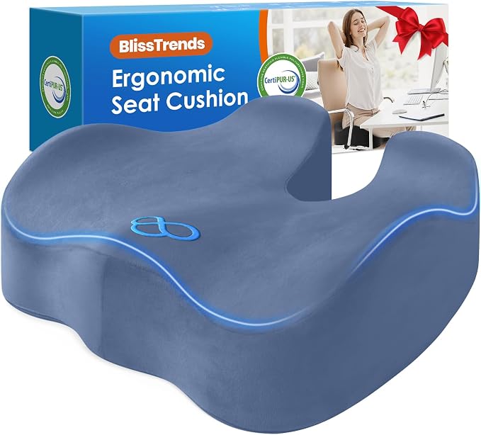 BlissTrends Thick Seat Cushion for Office Chair & Car Seat, XL, LightBlue | 5.2in Memory Foam with Removable Velvet Cover, Ergonomic Tailbone & Sciatica Support for Pressure Relief and Long Sitting by BlissTrends