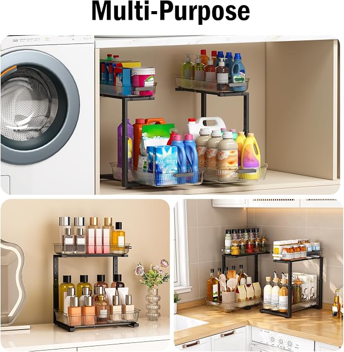 ARSTPEOE 2 Pack Double Sliding Under Sink Organizers and Storage,Two Tier Bathroom Storage and organization,Under Cabinet Organizer, Clear - Image 3