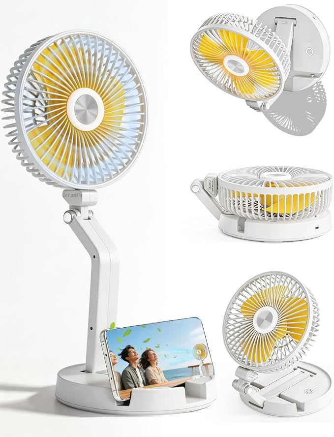 Portable Foldable Oscillating Fan, 6000mAh Battery Powered USB Rechargeable Fan, 16.1 Inches Wireless Desk Fan for Bedroom, Office, Camping and Travel, White by Unknown