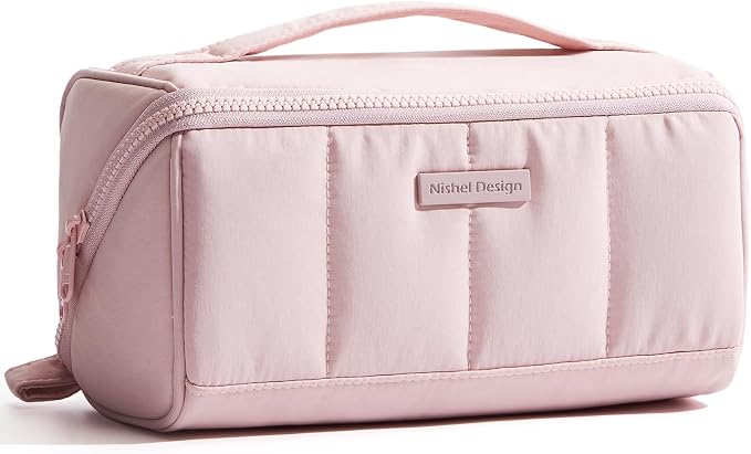 NISHEL Travel Makeup Bag for women, Organizer Pouch Cosmetic Case | Open-flat design keeps cosmetics, brushes, and beauty tools organized for travel and daily routines, Medium, Pink by NISHEL